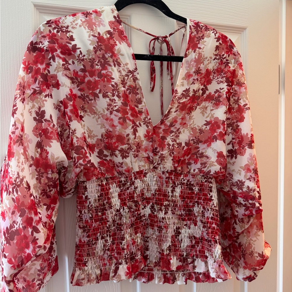 Wayf Red and White Floral Blouse